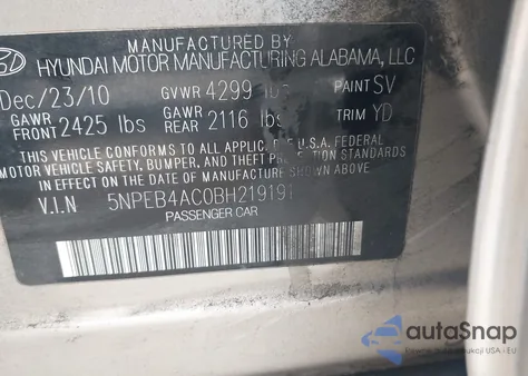 2011 Hyundai Sonata Gls from USA, damaged, VIN 5NPEB4AC0BH219191